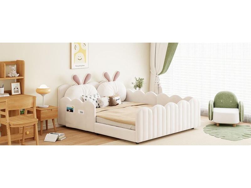  Lit double 140 x 200 cm lit rembourré cadre de lit structure plateforme rembourrée coussin en forme de lapin coloris beige  - Conforama B