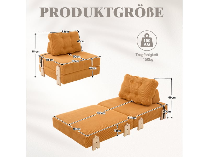  Fauteuil-lit 90x86x84 cm pliant à pieds en bois orange sans matelas  - Conforama E