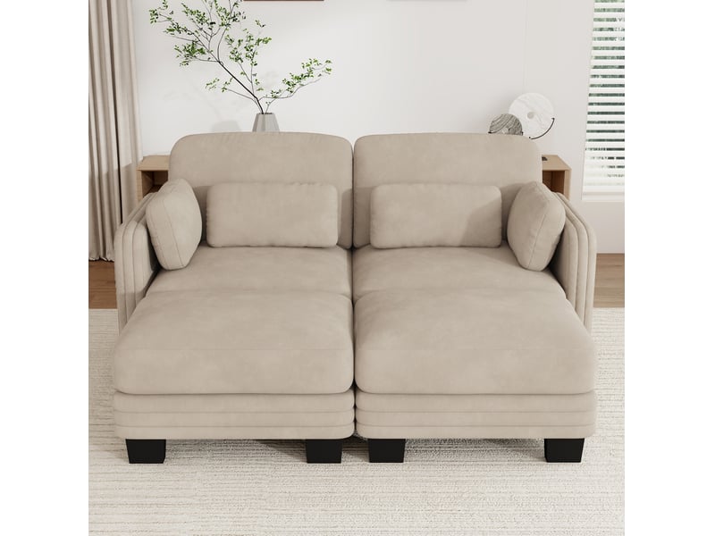 Canapé modulable 2 places 176x143x88 cm avec 2 poufs en chenille beige clair - Conforama E