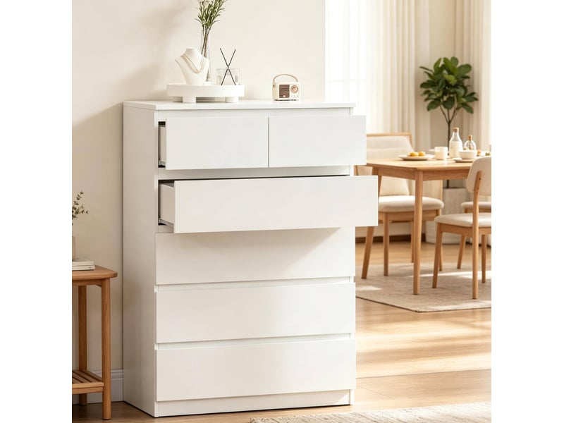  Commode blanche avec 6 tiroirs sans poignées 80 x 39 x 115 cm, panneau de particules  - Conforama D