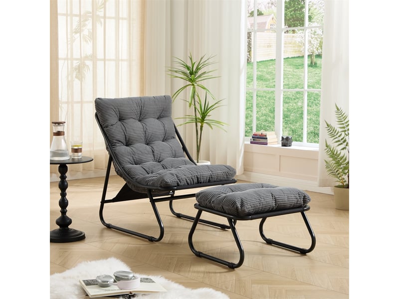  Fauteuil de jardin avec repose-pied - 65x78x86cm - chaise lounge relax avec coussin moelleux - acier &amp; velours côtelé - gris  - Conforama B