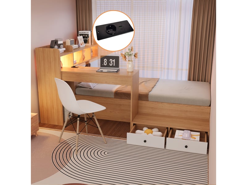  Lit coffre 90 x 200 cm avec rangement hydraulique, bureau, tête et pied de lit à rangements, prise et led, mdf - blanc et naturel OMNIGLINT TRADING LTD - Conforama E