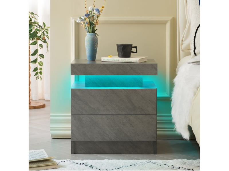  Table de chevet led moderne gris foncé – 2 tiroirs – 50 x 53 x 36 cm  - Conforama B