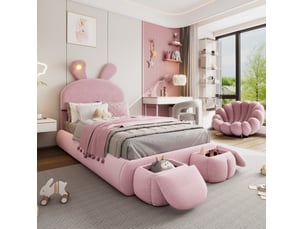 Lit rembourré ulevr 90x200 cm avec led à lumière chaude réglable, 2 tabourets de rangement, velours rose, oreilles de lapin