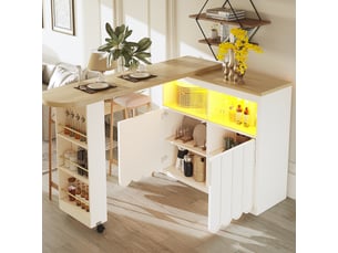 Table de bar extensible 135-205x39x100 cm, îlot de cuisine mobile avec rangement, led, portes rainurées, mdf, blanc