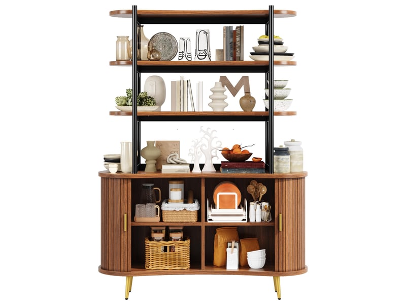 Buffet de cuisine - 120x40x183cm - meuble avec portes tambour cannelées, étagère 4 niveaux, pieds dorés - marron foncé  - Conforama A