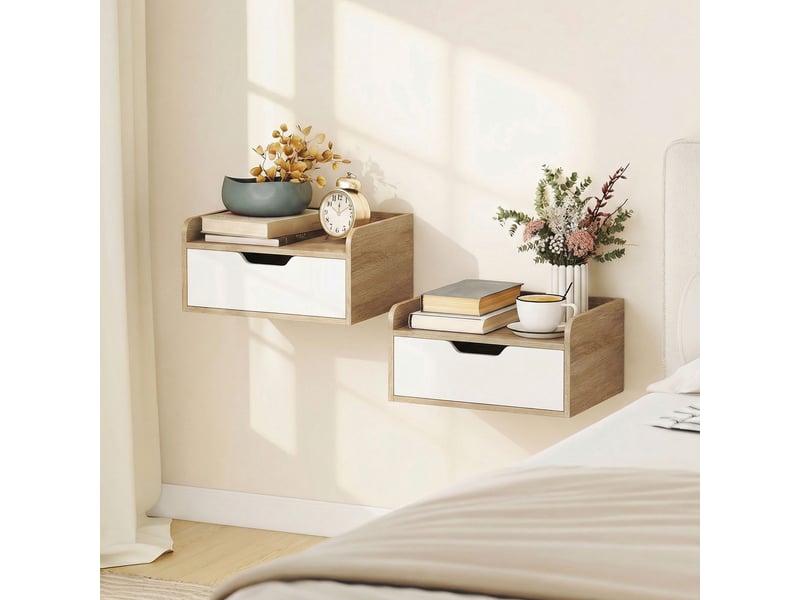  Lot de 2 tables de chevet murales, tables de nuit avec tiroir et plateau à rebords surélevés, bois naturel, 40x30x19,5cm  - Conforama D