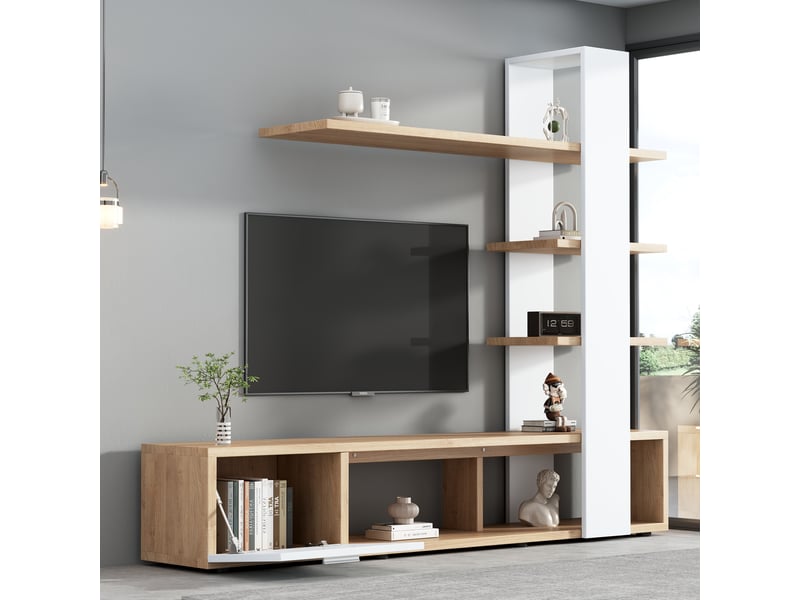  Ensemble meuble salon meuble tv mural blanc et bois pour tv 60 pouces 180 cm  - Conforama R