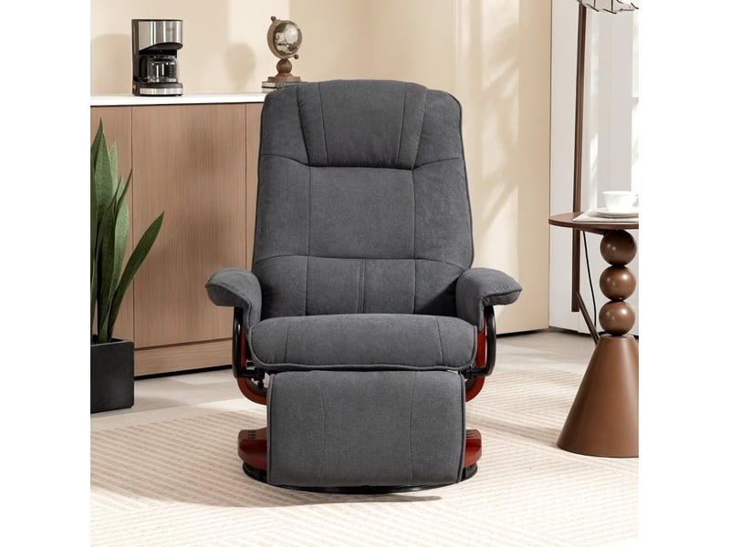  Fauteuil relax pivotant gris avec inclinaison manuelle, repose-pieds extensible, dossier haut, base en bois  - Conforama D