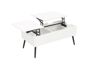 Table basse relevable avec 2 plateaux rabattables, 2 compartiments cachés et hauteur réglable, pour salon, blanc