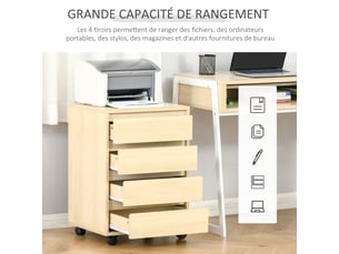 Caisson de bureau, rangement bureau sur roulettes, naturel, 4 tiroirs coulissants en bois