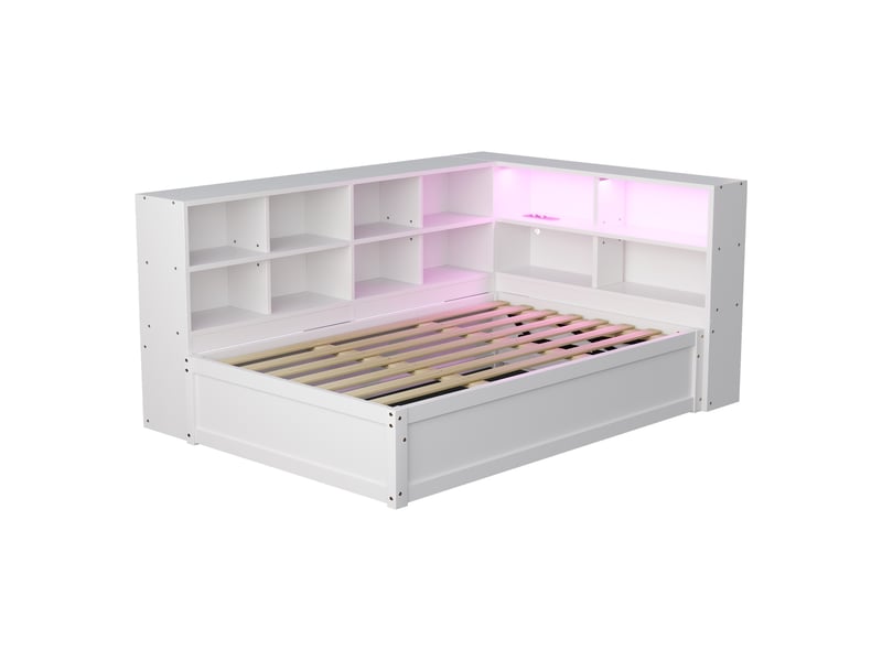 Lit banquette coffre 90 x 200 cm, coffre à relevage hydraulique, étagères de rangement, éclairage led, ports usb, pour la chambre, bois, blanc ABC - Conforama A