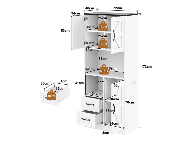 Buffet haut 72x40x173 cm avec 3 portes style grange et 2 tiroirs, led rgb et prises en mdf couleur blanc - Conforama C