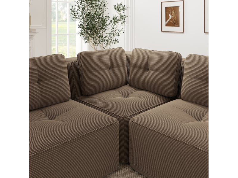  Canapé d’angle modulaire 2 places 208x177x69 cm, assise moelleus, avec repose-pieds déplaçable, en velours côtelé, marron  - Conforama E