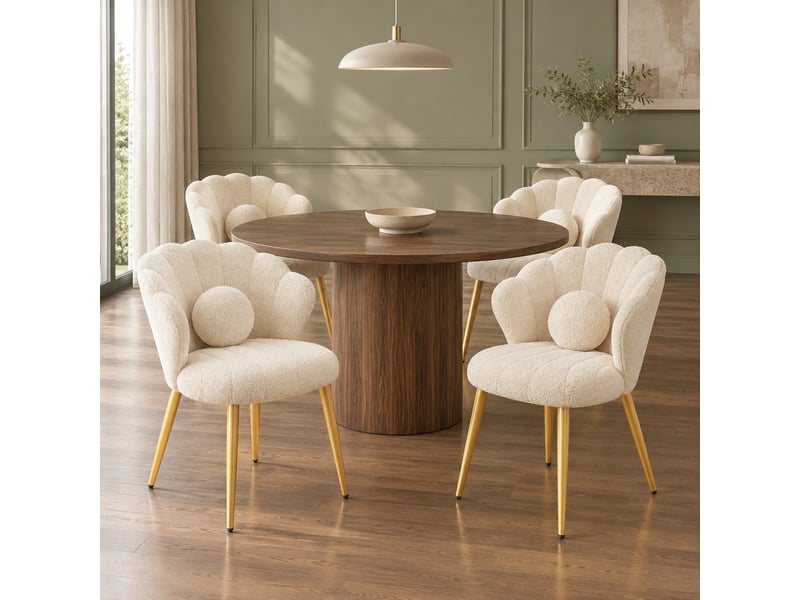  Lot de 4 chaises de salle à manger coquille en tissu teddy beige, pieds dorés  - Conforama D
