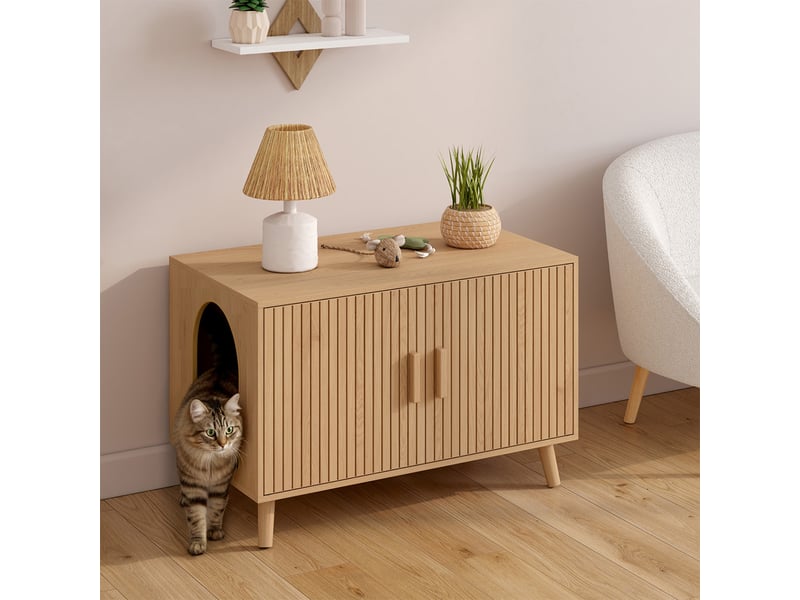 Maison de toilette chat cache-litière juliette avec doubles portes lattes tasseau bois coloris chêne  - Conforama B