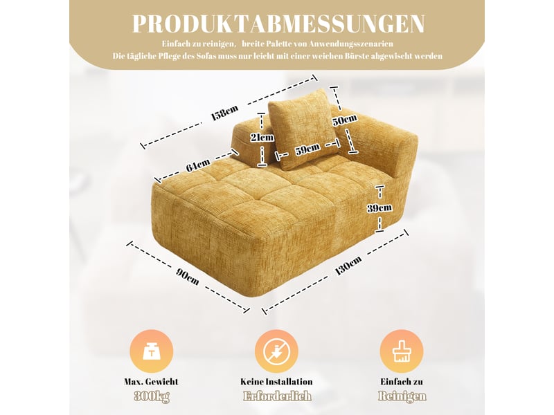  Canapé méridienne jaune en chenille avec coussin inclus et poches latérales pratiques, 158x90x60 cm  - Conforama C