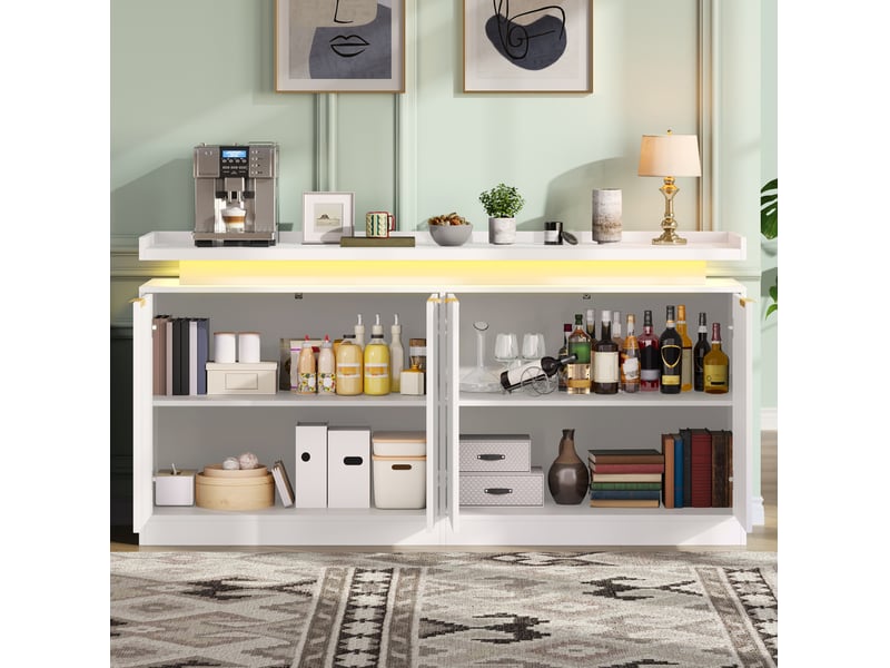  Buffet bas 160x39x83 cm 4 portes avec led,coloris blanc  - Conforama D