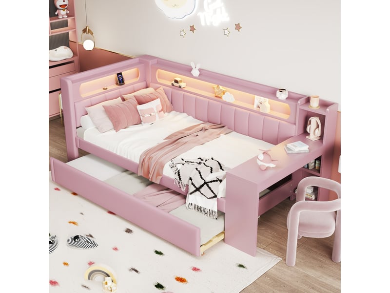  Lit gigogne 90x200 cm avec bureau, étagères, usb et led, rose  - Conforama C