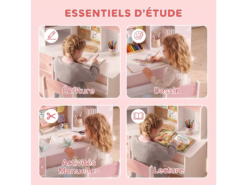 Bureau enfant avec chaise, table d'étude, support de tablette réglable, porte-stylos, panneau en liège, 5-12 ans, rose - Conforama D