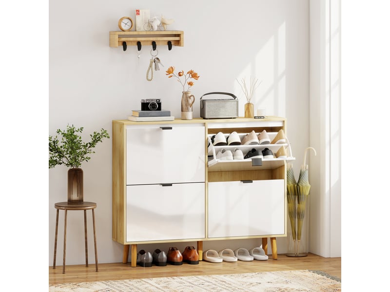  Meuble à chaussures, armoire à chaussures étroite, 4 tiroirs rabattables, porte haute brillante, 105x24x92,5cm, blanc  - Conforama B