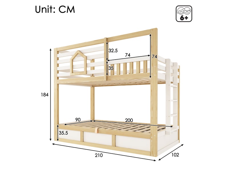  Lit superposé enfant - lit cabane enfant - rangement hydraulique - fenêtre et garde-corps - 2 couchages 90x200 cm - blanc et chêne  - Conforama E