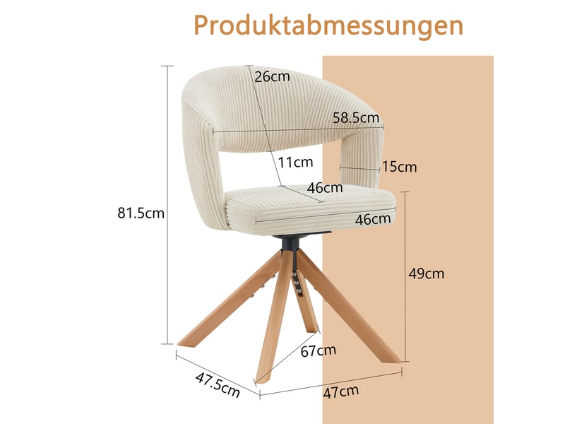  Lot de 2 chaises rotatives 81, 5 cm, pivotement à 360°, dossier arrondi, pour salle à manger, tissu velours côtelé, blanc+bois  - Conforama C