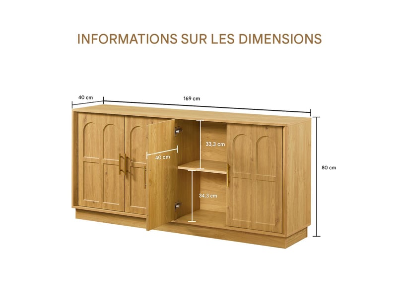  Buffet avec portes et étagères en mdf coloris naturel 169x40x80 cm  - Conforama C