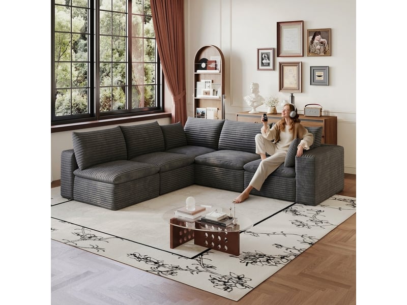  Canapé nuage en velours côtelé 5 places modulable sans structure en bois gris foncé  - Conforama B