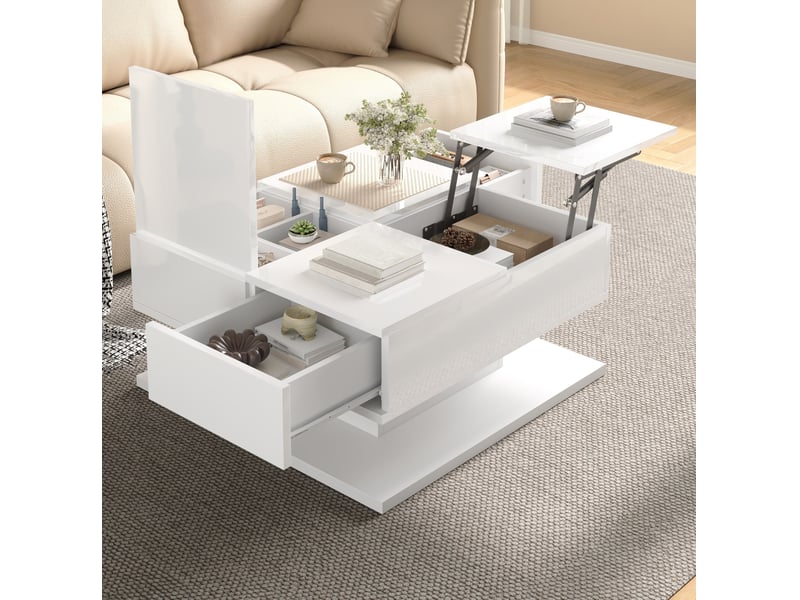  Table basse relevable 72x72x35 cm, tiroirs, plateau à abattant, led app, finition haut‑brillante, mdf, blanc  - Conforama D