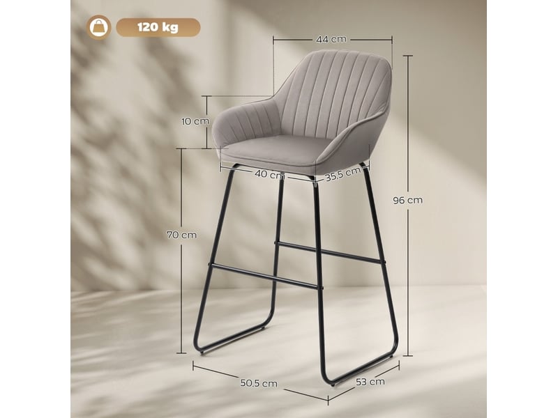  Lot de 2 tabourets de bar 50,5x53x96 cm en tissu gris, pieds en u en métal, muni de repose-pieds  - Conforama C