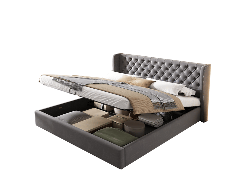 Lit double 160x200 cm velours gris – tête de lit rembourrée, coffre hydraulique et sommier inclus - Conforama A