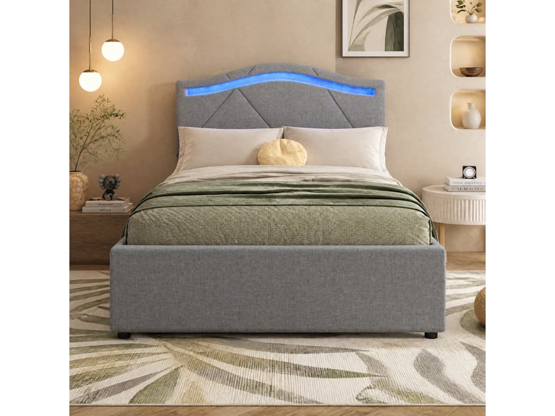  Lit avec tiroirs simple 90x200 cm en lin gris avec 2 tiroirs, led et tête réglable, sans matelas  - Conforama B