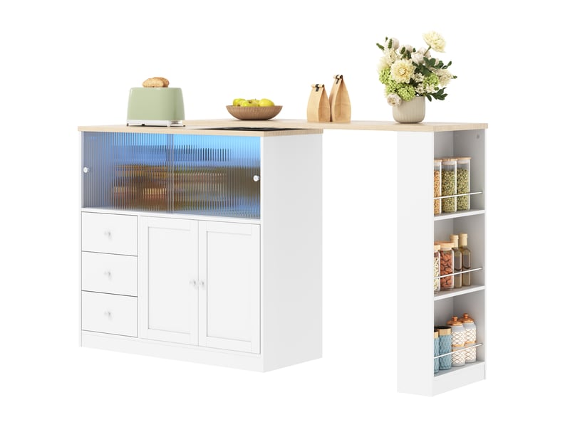  Desserte de cuisine extensible avec 3 tiroirs, porte coulissante en verre et led, mdf blanc, 172 × 40 × 96 cm  - Conforama A