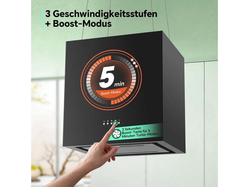 Hotte îlot noire 800 m³h avec recyclage, filtre à charbon actif et éclairage led, 3 vitesses avec boost pour cuisine sans sortie extérieure - Conforama E