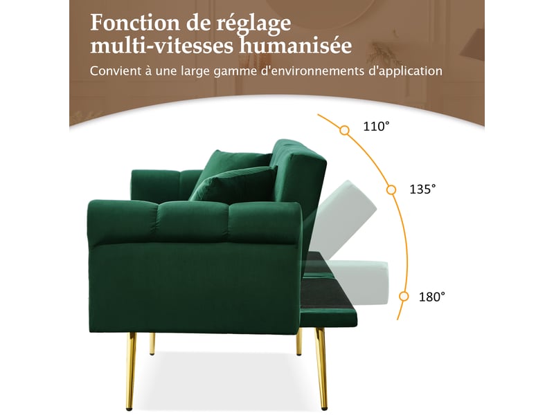  Canapé convertible 2 places velours vert antique avec dossier réglable  - Conforama D