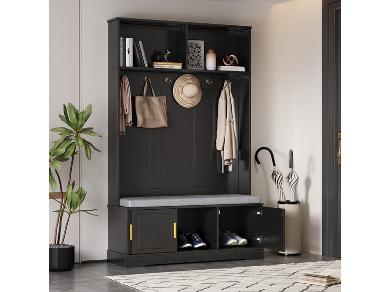 Porte-manteaux - meuble d’entrée avec banc de rangement et armoire, étagères intégrées pour couloir ou hall - 120 x 40 x 191 cm - noir - Conforama C