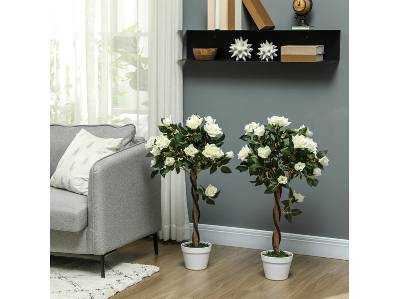 Rosier artificiel à 21 fleurs dans un pot rempli de ciment et de mousse, ø18 x 90 cm, blanc - Conforama C