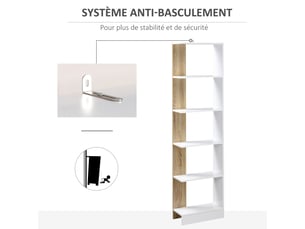 Bibliothèque étagère de rangement avec 5 compartiments ouverts design simple blanc moderne et chêne
