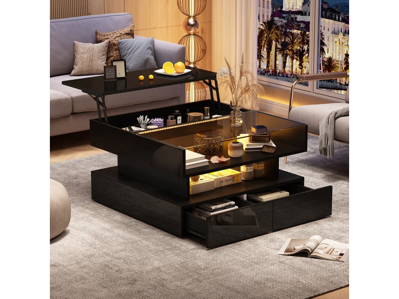  Table basse relevable noire 80x80 cm avec rangement caché et led - plateau verre trempé  - Conforama E