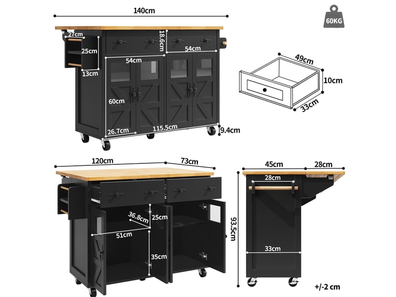  Îlot de cuisine mobile noir 140 cm, desserte extensible avec rangement et freins  - Conforama C