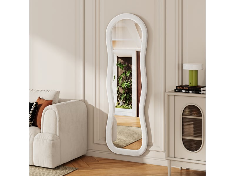  Miroir sur pied 160x50 cm blanc,miroir décoratif ,ondulé irrégulier,grand miroir mural avec cadre en flanelle,verre trempé  - Conforama D