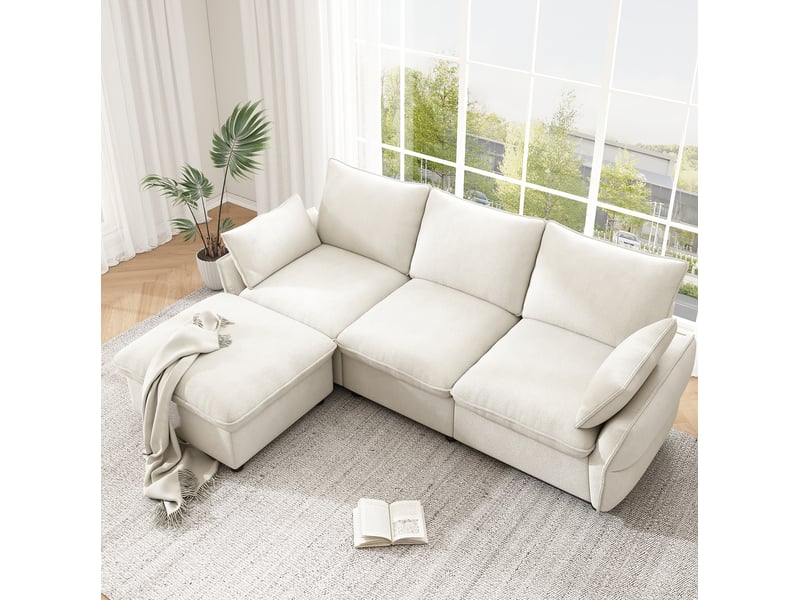  Canapé d'angle 3 places avec ottomane modulable et coussins, en chenille beige, 222,5 × 154,5 × 76,5 cm  - Conforama E