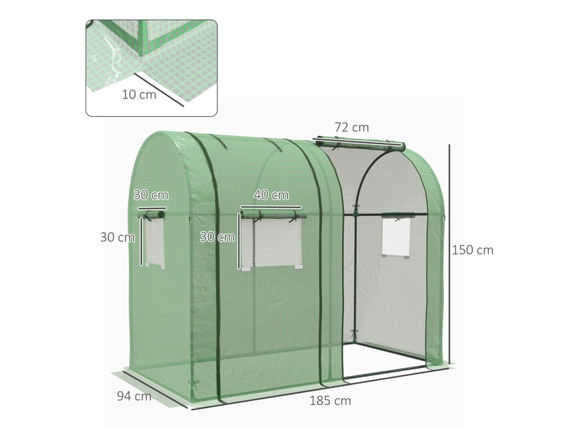  Serre de jardin tunnel 185x94x150 cm – verte – 2 portes enroulables, fenêtres latérales et protection uv  - Conforama C