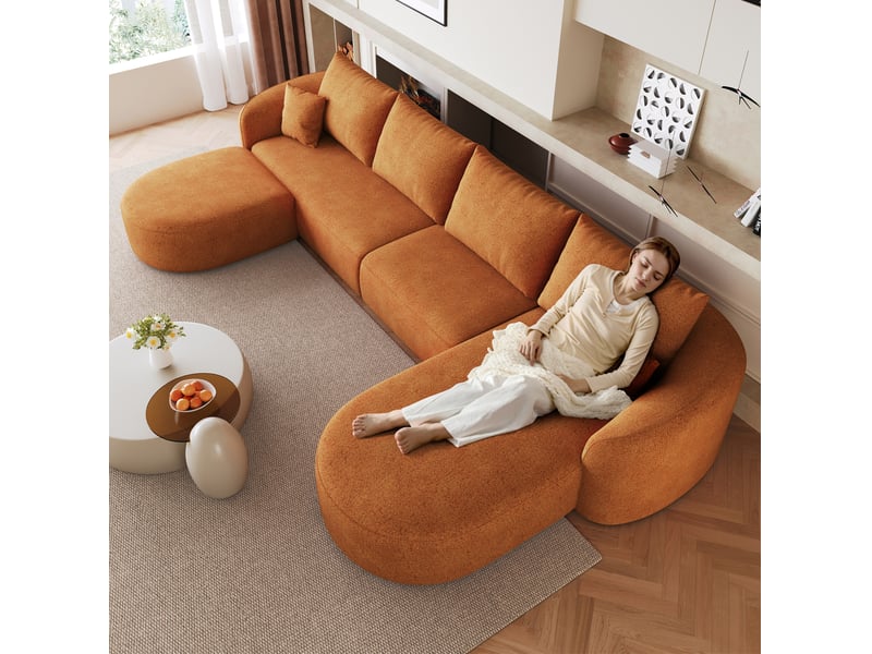  Canapé panoramique en u tcqpz 5 places 336 x 168 x 85 cm modulable en tissu chenille orange  - Conforama E
