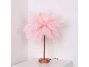 Lampe de chevet led, forme pissenlit, fil de cuivre, plume rose romantique