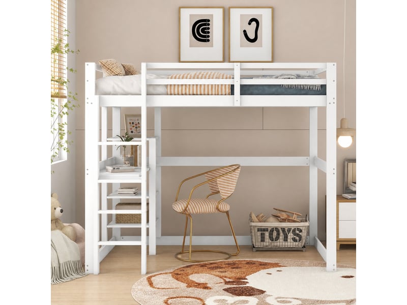  Lit mezzanine enfant 140 x 200 cm avec bureau et 4 rangements en pin, blanc  - Conforama B
