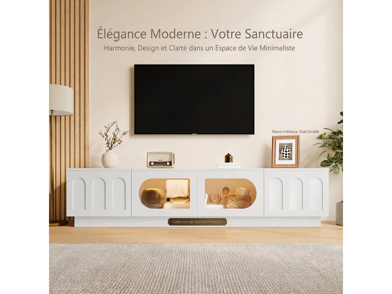  Meuble tv noir 200 cm avec led contrôlée par app et portes en verre ovale  - Conforama B