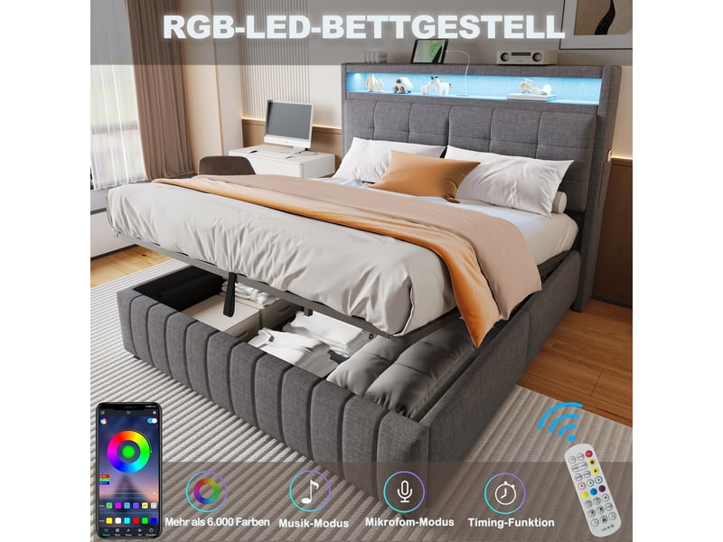 Lit capitonné 160*200 cm gris en lin avec led, usb, coffre hydraulique, tête à étagères et cadre métal stable - Conforama D