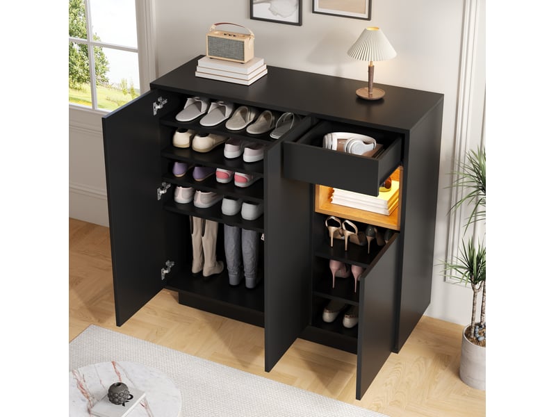  Meuble à chaussures 105x39,5x100,5 cm avec led 16 couleurs, rangements modulables, bois et noir  - Conforama B